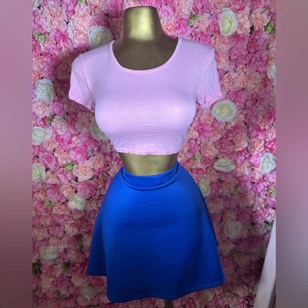 Pink Crop Top and Blue Skirt